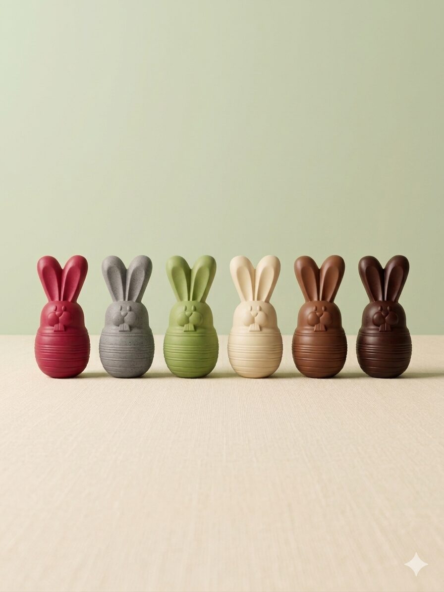 Six lapins en chocolat colorés, spécialité de Kumo, Boulangerie-pâtisserie Japonaise Toulouse.